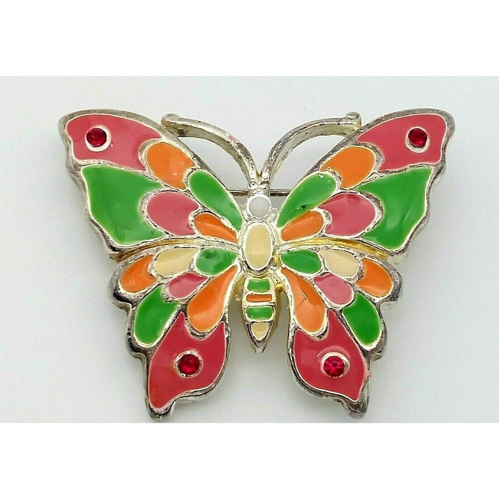 Butterfly Brooch Pin Colorful Enamel Ruby Red Rhinestones Silver Tone Vintage